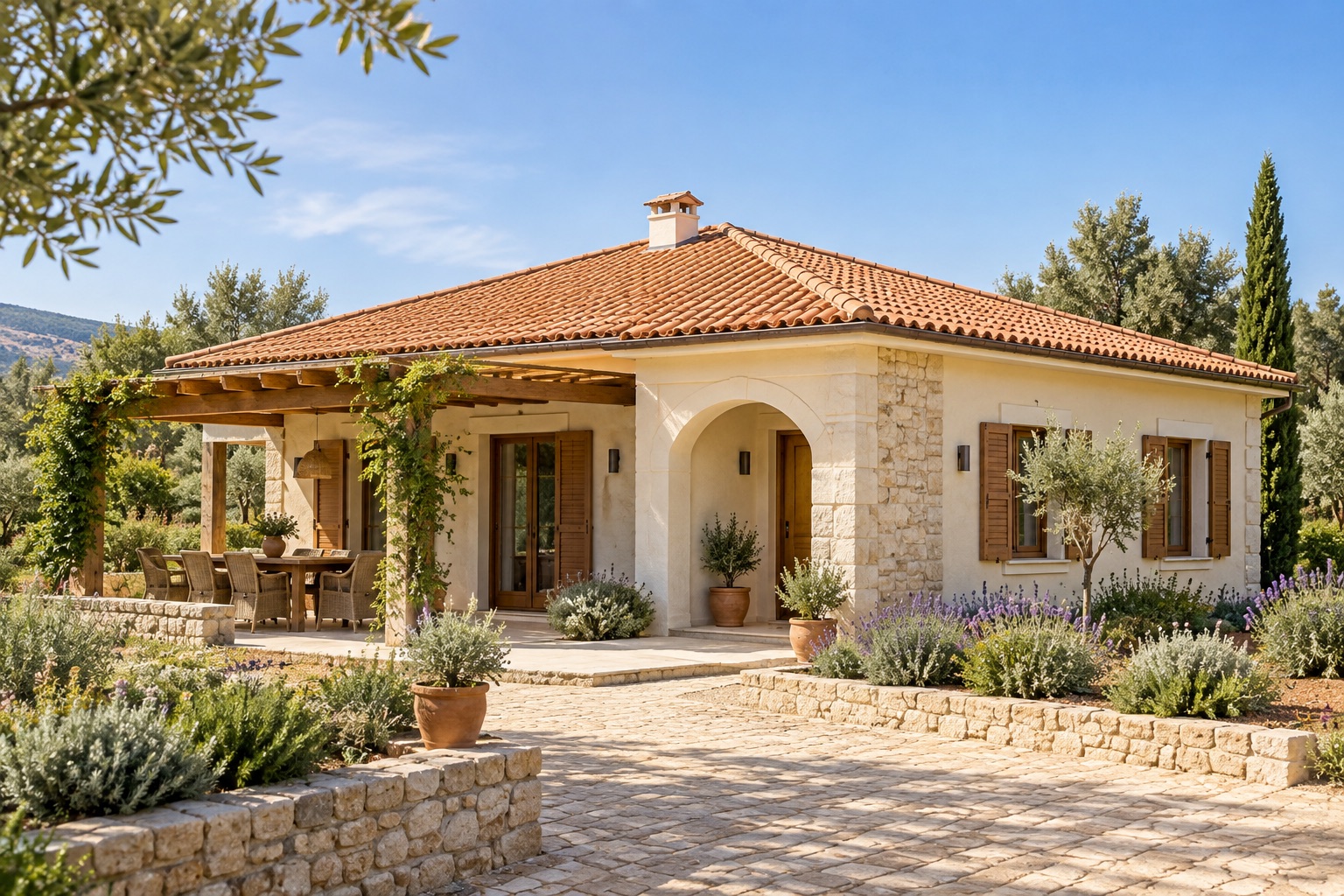 Mediterrán stílusú családi ház terrakotta tetővel – stílusillusztráció.